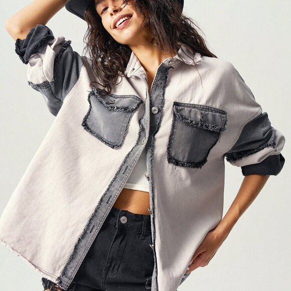 Casual Women's Patchwork Long Sleeve Loose Fit shacket Jacket - Picture 2 of 7